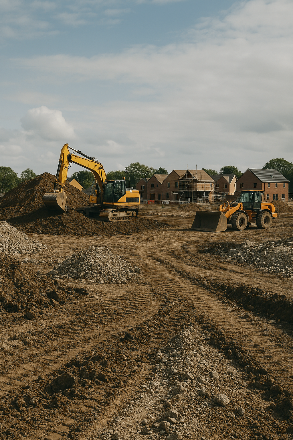 UK housing development under construction with excavators and new homes being built